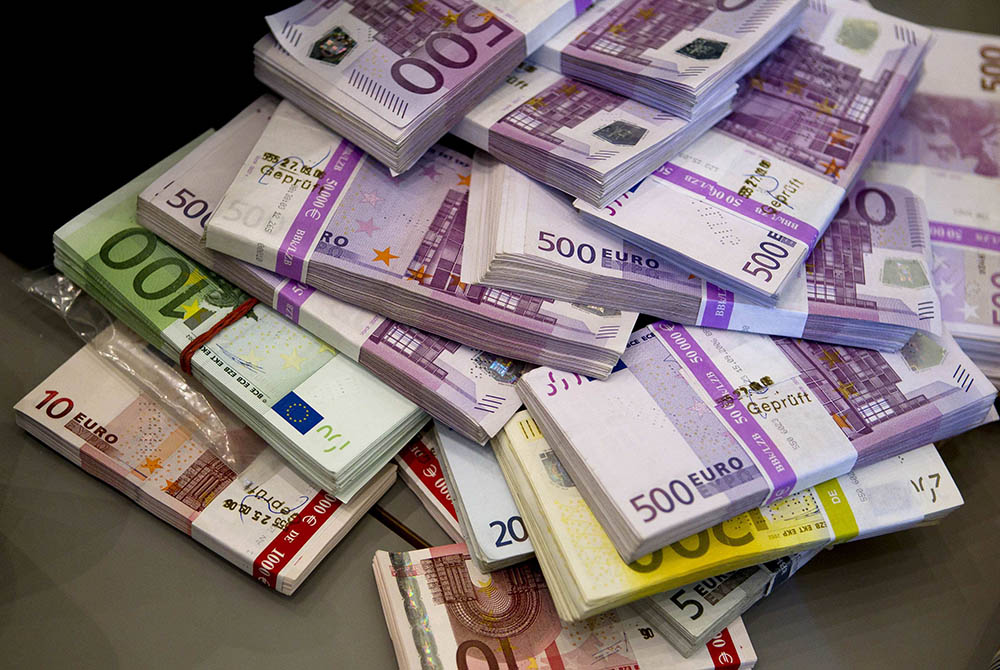 Money seized by German customs agency Zoll during anti-money laundering operation is displayed before agency's annual statistics news conference in Berlin