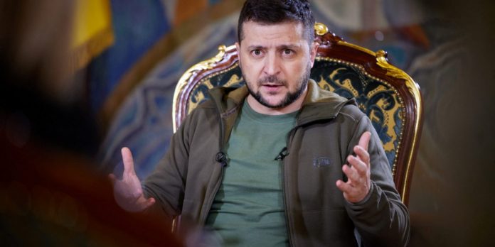 Ukraine's President Volodymyr Zelenskiy attends an interview with the media in Kyiv